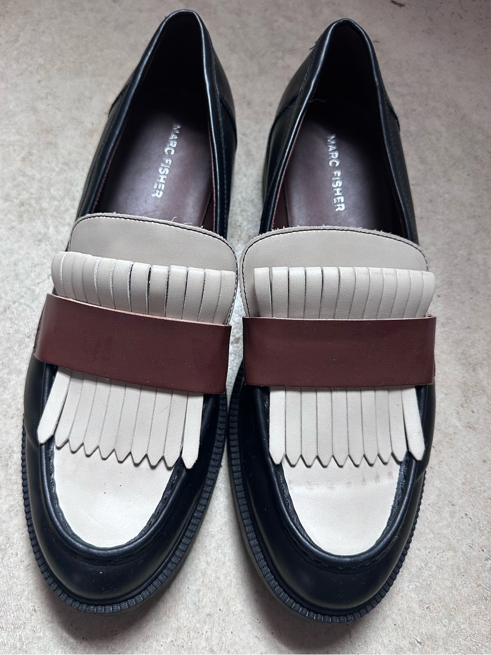 Marc Fisher Colorblock Kiltie Loafers Black Cream Brown Size Women’s 11M Preppy - Picture 2 of 11